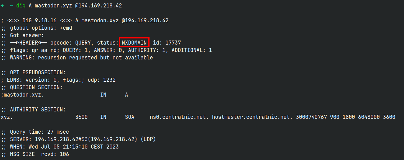 NXDOMAIN dans la sortie de dig https://i.thekinrar.fr/2023/07/07/oopei4Ibae.png